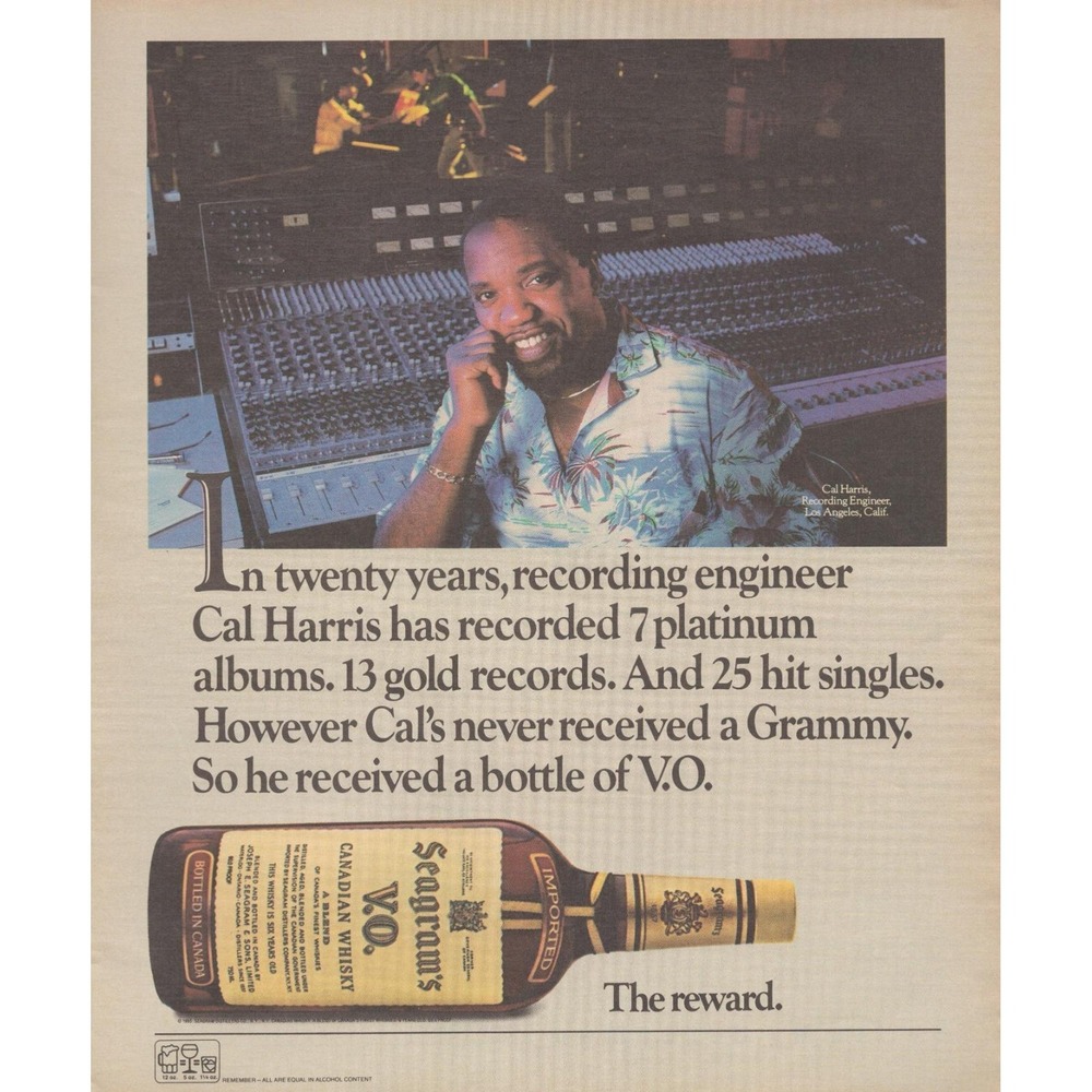 Vintage 1985 Cal Harris Print Ad Seagram's V.O. Recording Engineer Music Studio